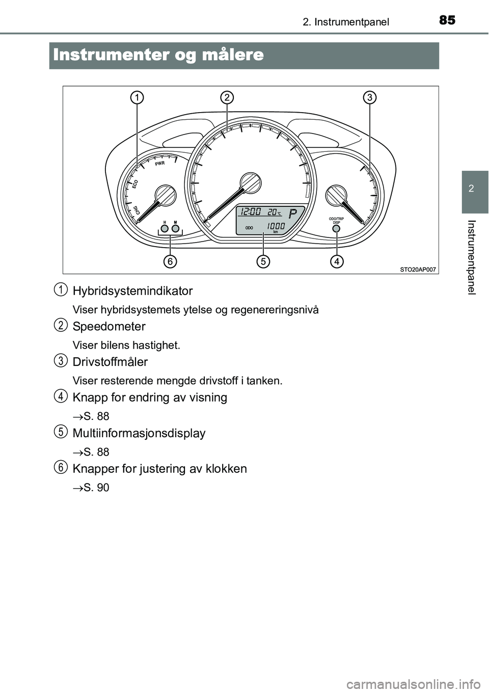 TOYOTA YARIS HYBRID 2014  Instruksjoner for bruk (in Norwegian) 85
2
2. Instrumentpanel
Instrumentpanel
Instrumenter og målere
Hybridsystemindikator
Viser hybridsystemets ytelse og regenereringsnivå
Speedometer
Viser bilens hastighet.
Drivstoffmåler
Viser reste