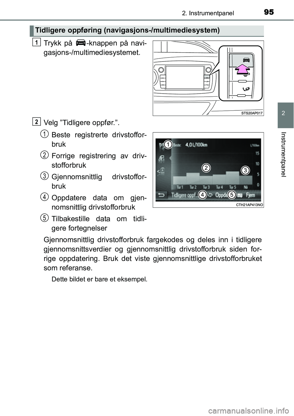 TOYOTA YARIS HYBRID 2014 Instruksjoner for bruk (in Norwegian) 952. Instrumentpanel
2
Instrumentpanel
Trykk på -knappen på navi-
gasjons-/multimediesystemet.
Velg ”Tidligere oppfør.”.
Beste registrerte drivstoffor-
bruk
Forrige registrering av driv-
stoff TOYOTA YARIS HYBRID 2014 Instruksjoner for bruk (in Norwegian) 952. Instrumentpanel
2
Instrumentpanel
Trykk på -knappen på navi-
gasjons-/multimediesystemet.
Velg ”Tidligere oppfør.”.
Beste registrerte drivstoffor-
bruk
Forrige registrering av driv-
stoff