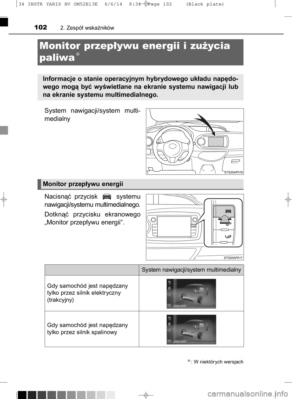 TOYOTA YARIS HYBRID 2014  Instrukcja obsługi (in Polish) System  nawigacji/system  multi-
medialny
Nacisnàç  przycisk  systemu
nawigacji/systemu multimedialnego.
Dotknàç  przycisku  ekranowego
„Monitor przep∏ywu energii”.
1022. Zespó∏ wskaênik