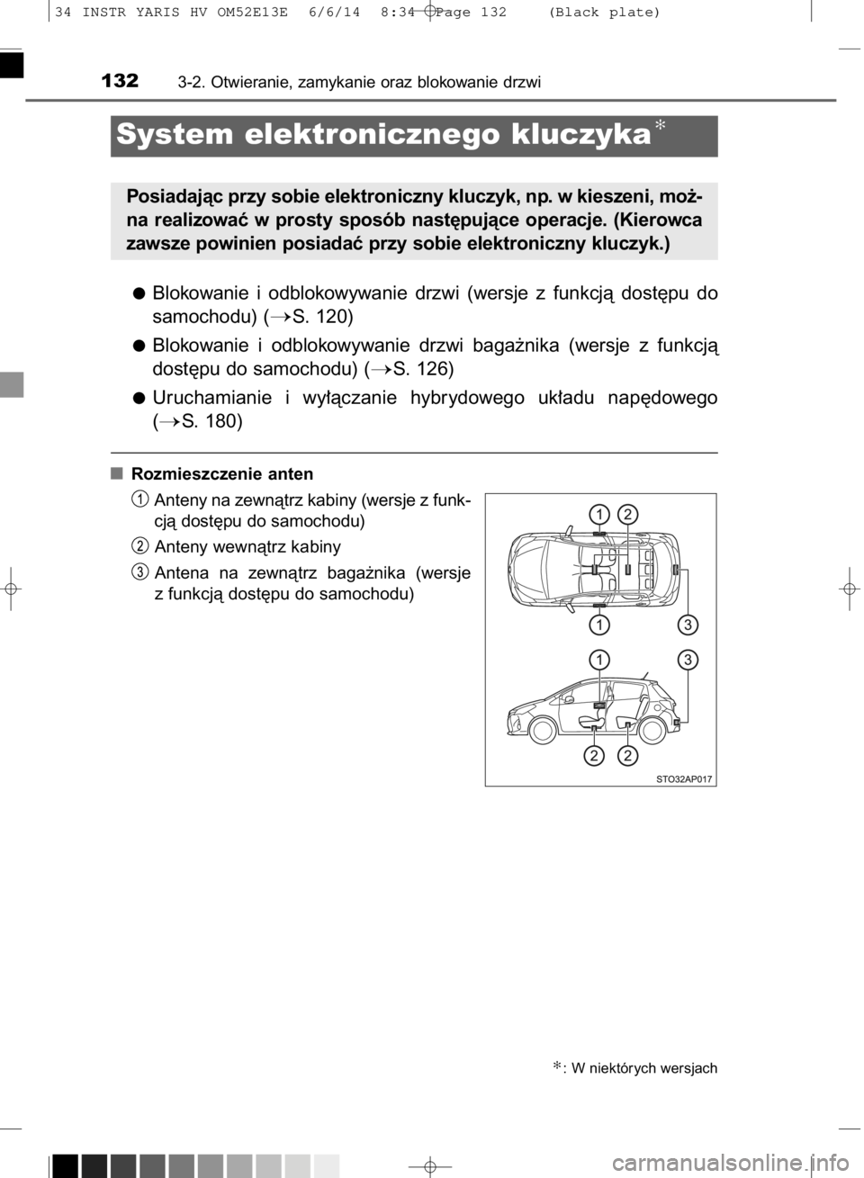TOYOTA YARIS HYBRID 2014  Instrukcja obsługi (in Polish) Blokowanie  i odblokowywanie  drzwi  (wersje  z funkcjà  dost´pu  do
samochodu) (
S. 120)
Blokowanie  i odblokowywanie  drzwi  baga˝nika  (wersje  z funkcjà
dost´pu do samochodu) (
S. 126)
Uruc