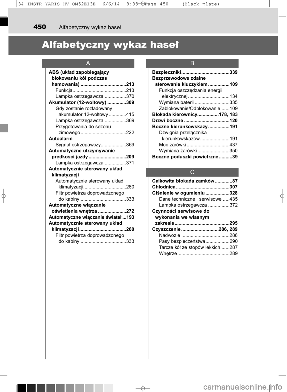 TOYOTA YARIS HYBRID 2014  Instrukcja obsługi (in Polish) Alfabetyczny wykaz hase∏450
Alfabetyczny wykaz hase∏
ABS (uk∏ad zapobiegajàcy 
blokowaniu kó∏ podczas 
hamowania) ..................................213
Funkcja...............................