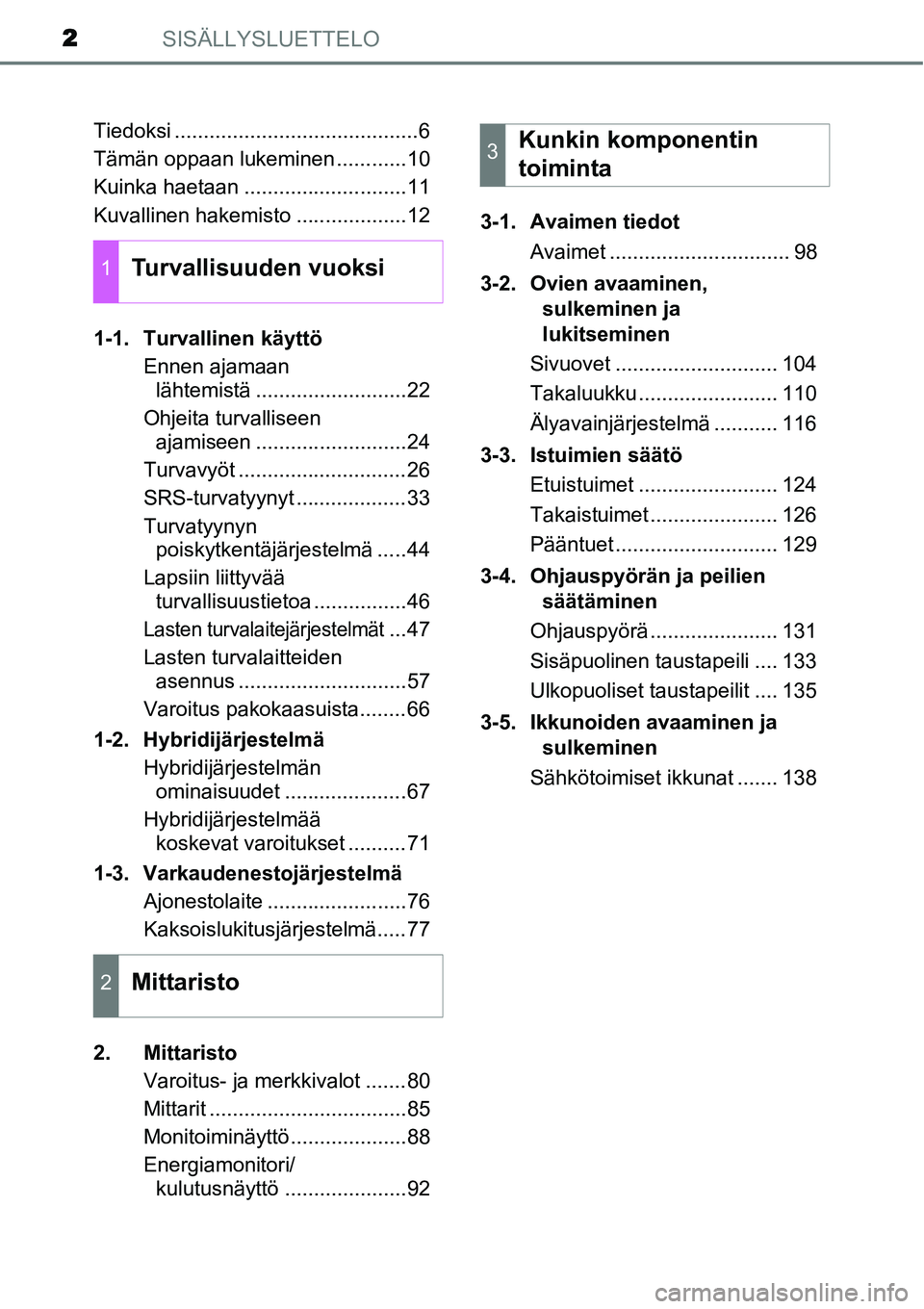 TOYOTA YARIS HYBRID 2014  Omistajan Käsikirja (in Finnish) SISÄLLYSLUETTELO2
Tiedoksi ..........................................6
Tämän oppaan lukeminen ............10
Kuinka haetaan ............................11
Kuvallinen hakemisto ...................12