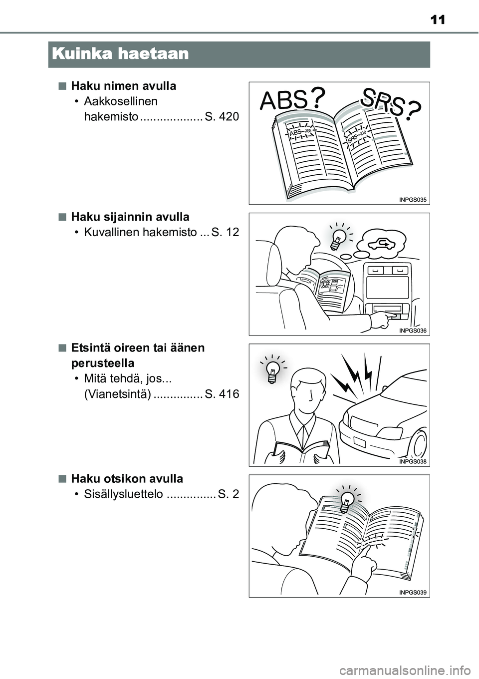 TOYOTA YARIS HYBRID 2014  Omistajan Käsikirja (in Finnish) 11
Kuinka haetaan
■Haku nimen avulla
• Aakkosellinen 
hakemisto ................... S. 420
■Haku sijainnin avulla
• Kuvallinen hakemisto ... S. 12
■Etsintä oireen tai äänen 
perusteella
