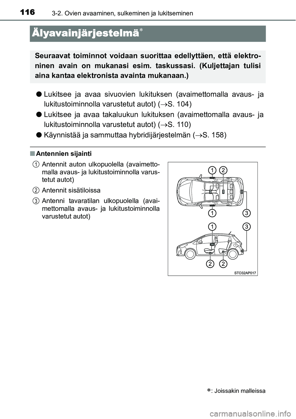 TOYOTA YARIS HYBRID 2014  Omistajan Käsikirja (in Finnish) 1163-2. Ovien avaaminen, sulkeminen ja lukitseminen
Älyavainjärjestelmä∗
●Lukitsee ja avaa sivuovien lukituksen (avaimettomalla avaus- ja
lukitustoiminnolla varustetut autot) (→S. 104)
●Luk