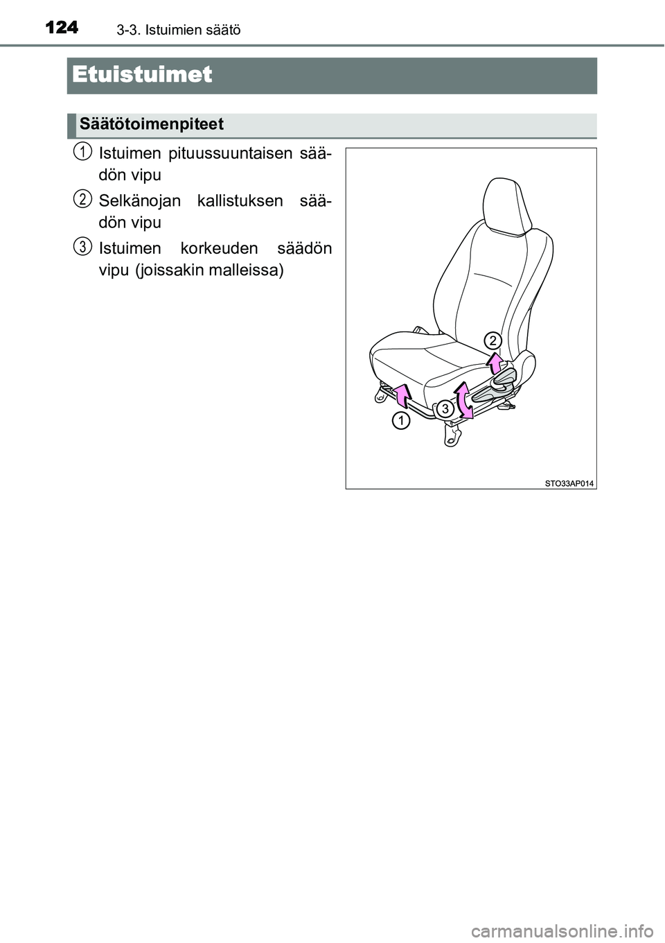 TOYOTA YARIS HYBRID 2014 Omistajan Käsikirja (in Finnish) 1243-3. Istuimien säätö
Etuistuimet
Istuimen pituussuuntaisen sää-
dön vipu
Selkänojan kallistuksen sää-
dön vipu
Istuimen korkeuden säädön
vipu
(joissakin malleissa)
Säätötoimenpitee TOYOTA YARIS HYBRID 2014 Omistajan Käsikirja (in Finnish) 1243-3. Istuimien säätö
Etuistuimet
Istuimen pituussuuntaisen sää-
dön vipu
Selkänojan kallistuksen sää-
dön vipu
Istuimen korkeuden säädön
vipu
(joissakin malleissa)
Säätötoimenpitee