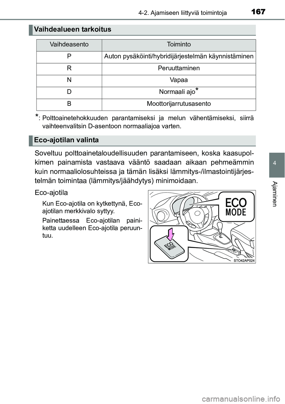 TOYOTA YARIS HYBRID 2014  Omistajan Käsikirja (in Finnish) 1674-2. Ajamiseen liittyviä toimintoja
4
Ajaminen
*: Polttoainetehokkuuden parantamiseksi ja melun vähentämiseksi, siirrä
vaihteenvalitsin D-asentoon normaaliajoa varten.
Soveltuu polttoainetaloud