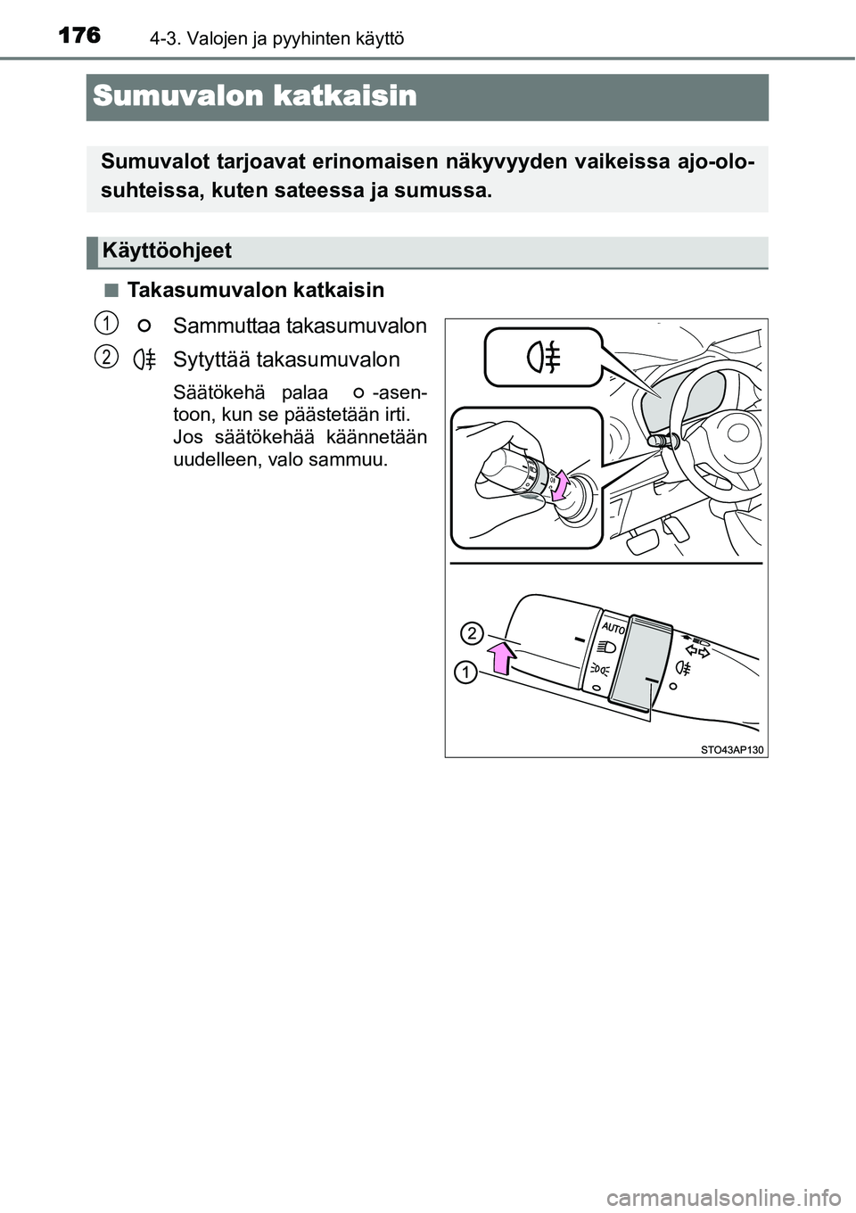 TOYOTA YARIS HYBRID 2014  Omistajan Käsikirja (in Finnish) 1764-3. Valojen ja pyyhinten käyttö
Sumuvalon katkaisin
■Takasumuvalon katkaisin
Sammuttaa takasumuvalon
Sytyttää takasumuvalon
Säätökehä palaa  -asen-
toon, kun se päästetään irti. 
Jos
