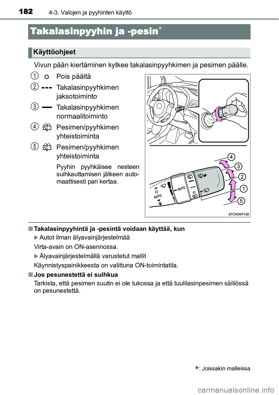 TOYOTA YARIS HYBRID 2014  Omistajan Käsikirja (in Finnish) 1824-3. Valojen ja pyyhinten käyttö
Takalasinpyyhin ja -pesin∗
Vivun pään kiertäminen kytkee takalasinpyyhkimen ja pesimen päälle.
Pois päältä
Takalasinpyyhkimen
jaksotoiminto
Takalasinpyy