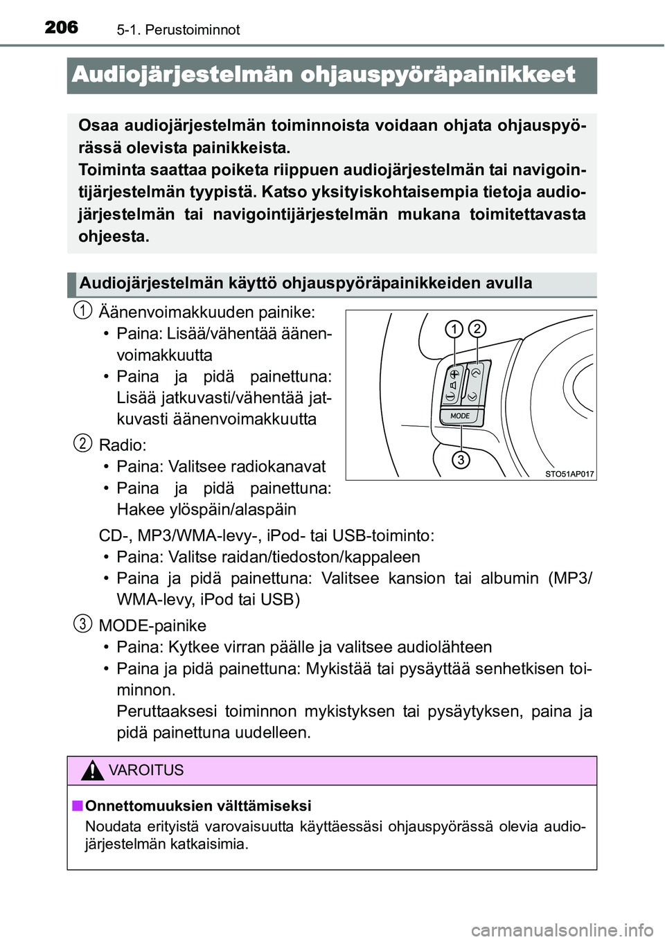 TOYOTA YARIS HYBRID 2014  Omistajan Käsikirja (in Finnish) 2065-1. Perustoiminnot
Audiojärjestelmän ohjauspyöräpainikkeet
Äänenvoimakkuuden painike:
• Paina: Lisää/vähentää äänen-
voimakkuutta
• Paina ja pidä painettuna:
Lisää jatkuvasti/v