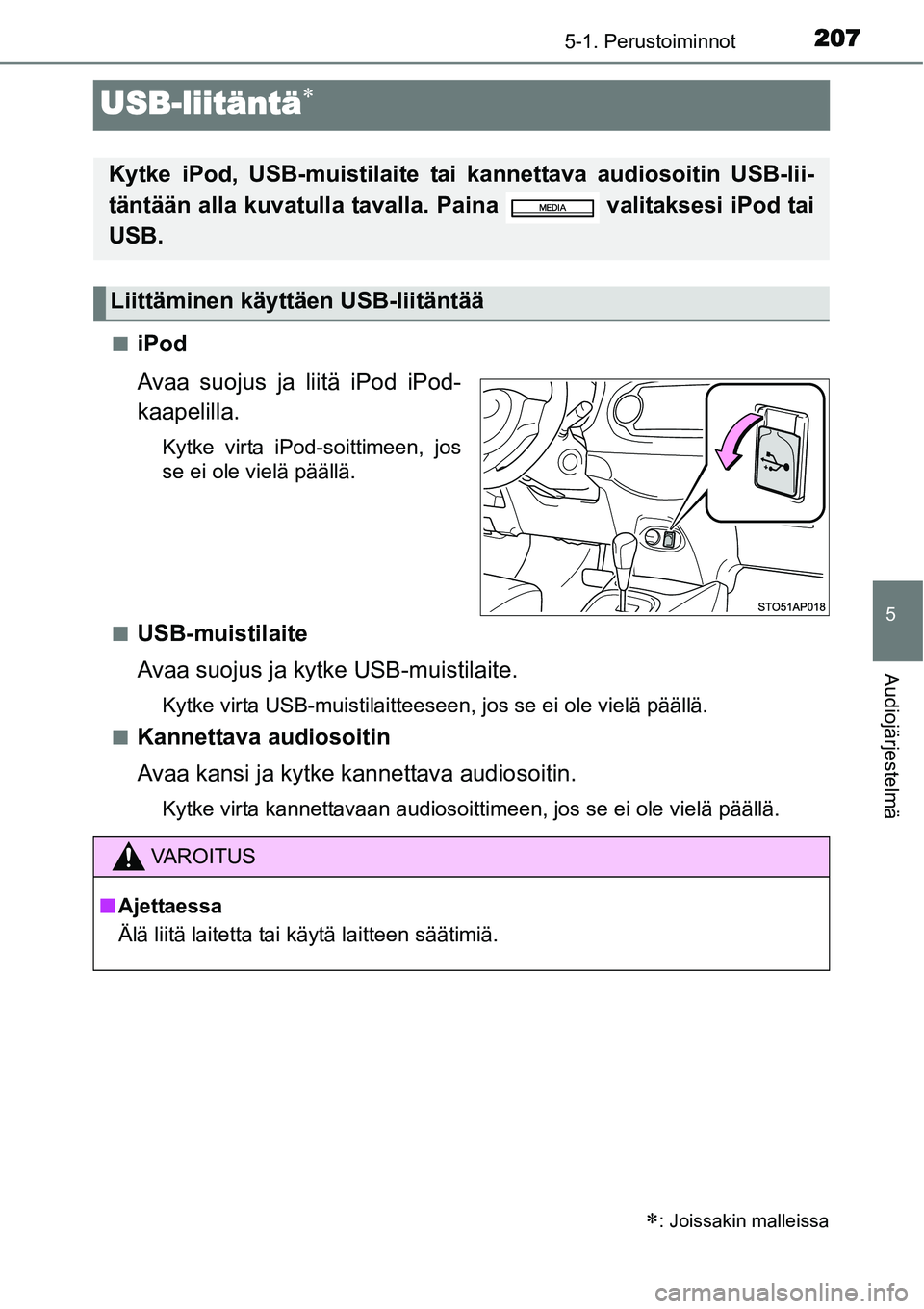 TOYOTA YARIS HYBRID 2014  Omistajan Käsikirja (in Finnish) 207
5
5-1. Perustoiminnot
Audiojärjestelmä
USB-liitäntä∗
■iPod
Avaa suojus ja liitä iPod iPod-
kaapelilla.
Kytke virta iPod-soittimeen, jos
se ei ole vielä päällä.
■
USB-muistilaite
Ava