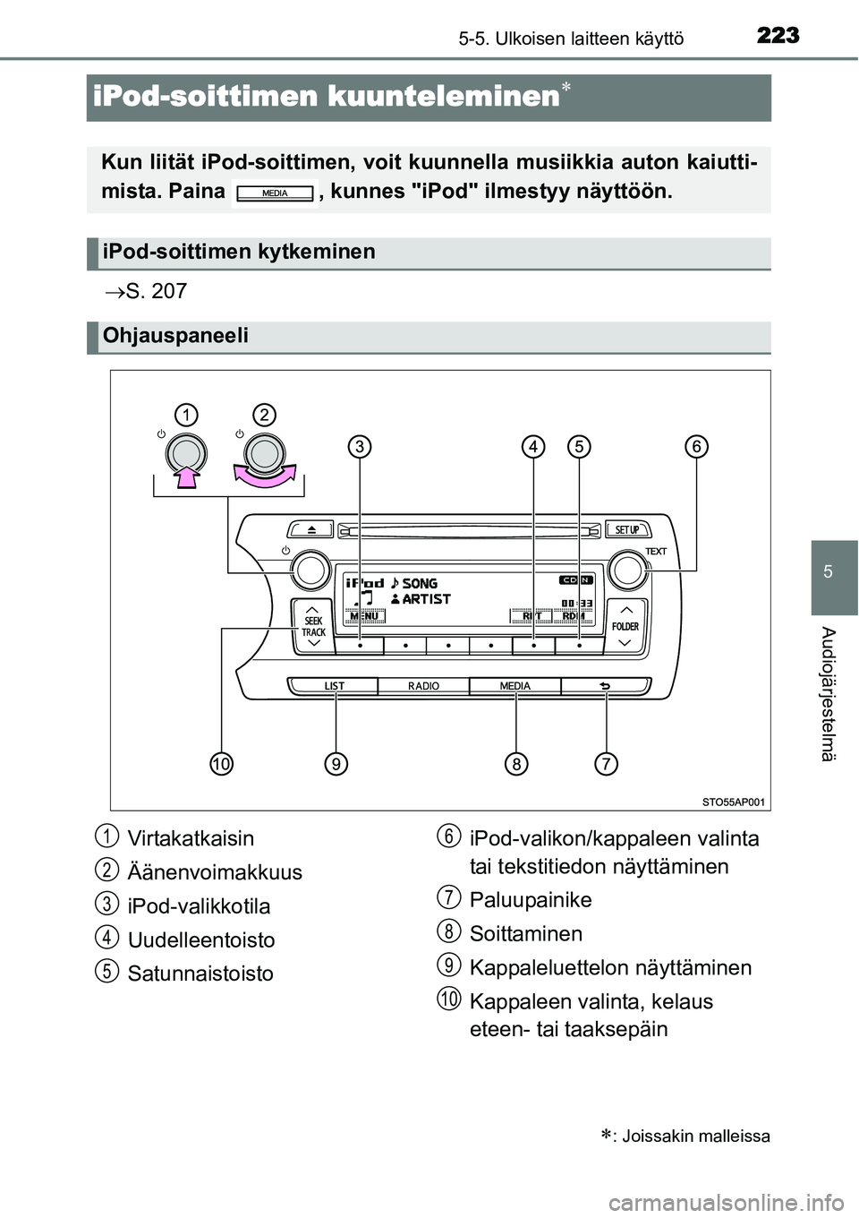 TOYOTA YARIS HYBRID 2014 Omistajan Käsikirja (in Finnish) 223
5
5-5. Ulkoisen laitteen käyttö
Audiojärjestelmä
iPod-soittimen kuunteleminen∗
→S. 207
∗: Joissakin malleissa
Kun liität iPod-soittimen, voit kuunnella musiikkia auton kaiutti-
mista. P TOYOTA YARIS HYBRID 2014 Omistajan Käsikirja (in Finnish) 223
5
5-5. Ulkoisen laitteen käyttö
Audiojärjestelmä
iPod-soittimen kuunteleminen∗
→S. 207
∗: Joissakin malleissa
Kun liität iPod-soittimen, voit kuunnella musiikkia auton kaiutti-
mista. P