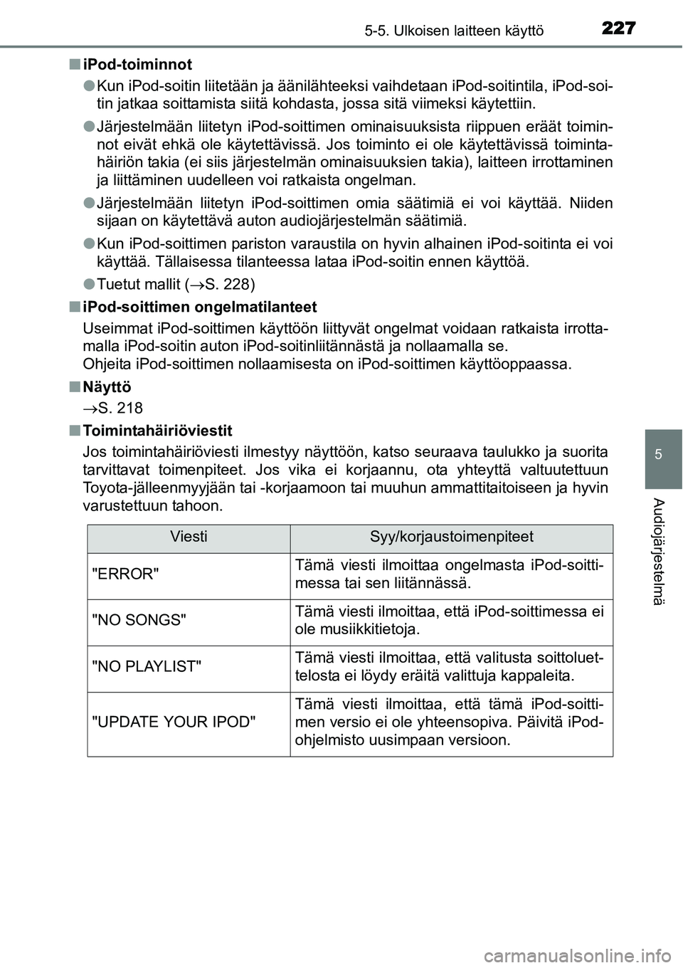 TOYOTA YARIS HYBRID 2014 Omistajan Käsikirja (in Finnish) 2275-5. Ulkoisen laitteen käyttö
5
Audiojärjestelmä
■iPod-toiminnot
●Kun iPod-soitin liitetään ja äänilähteeksi vaihdetaan iPod-soitintila, iPod-soi-
tin jatkaa soittamista siitä kohdast TOYOTA YARIS HYBRID 2014 Omistajan Käsikirja (in Finnish) 2275-5. Ulkoisen laitteen käyttö
5
Audiojärjestelmä
■iPod-toiminnot
●Kun iPod-soitin liitetään ja äänilähteeksi vaihdetaan iPod-soitintila, iPod-soi-
tin jatkaa soittamista siitä kohdast
