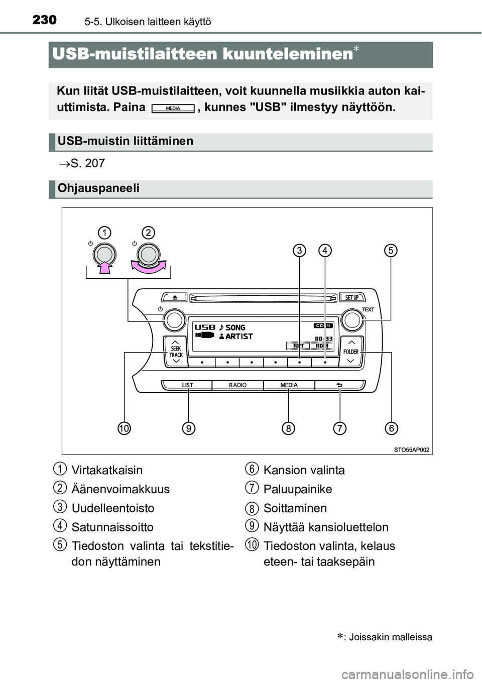 TOYOTA YARIS HYBRID 2014 Omistajan Käsikirja (in Finnish) 2305-5. Ulkoisen laitteen käyttö
USB-muistilaitteen kuunteleminen∗
→S. 207
∗: Joissakin malleissa
Kun liität USB-muistilaitteen, voit kuunnella musiikkia auton kai-
uttimista. Paina , kunnes TOYOTA YARIS HYBRID 2014 Omistajan Käsikirja (in Finnish) 2305-5. Ulkoisen laitteen käyttö
USB-muistilaitteen kuunteleminen∗
→S. 207
∗: Joissakin malleissa
Kun liität USB-muistilaitteen, voit kuunnella musiikkia auton kai-
uttimista. Paina , kunnes