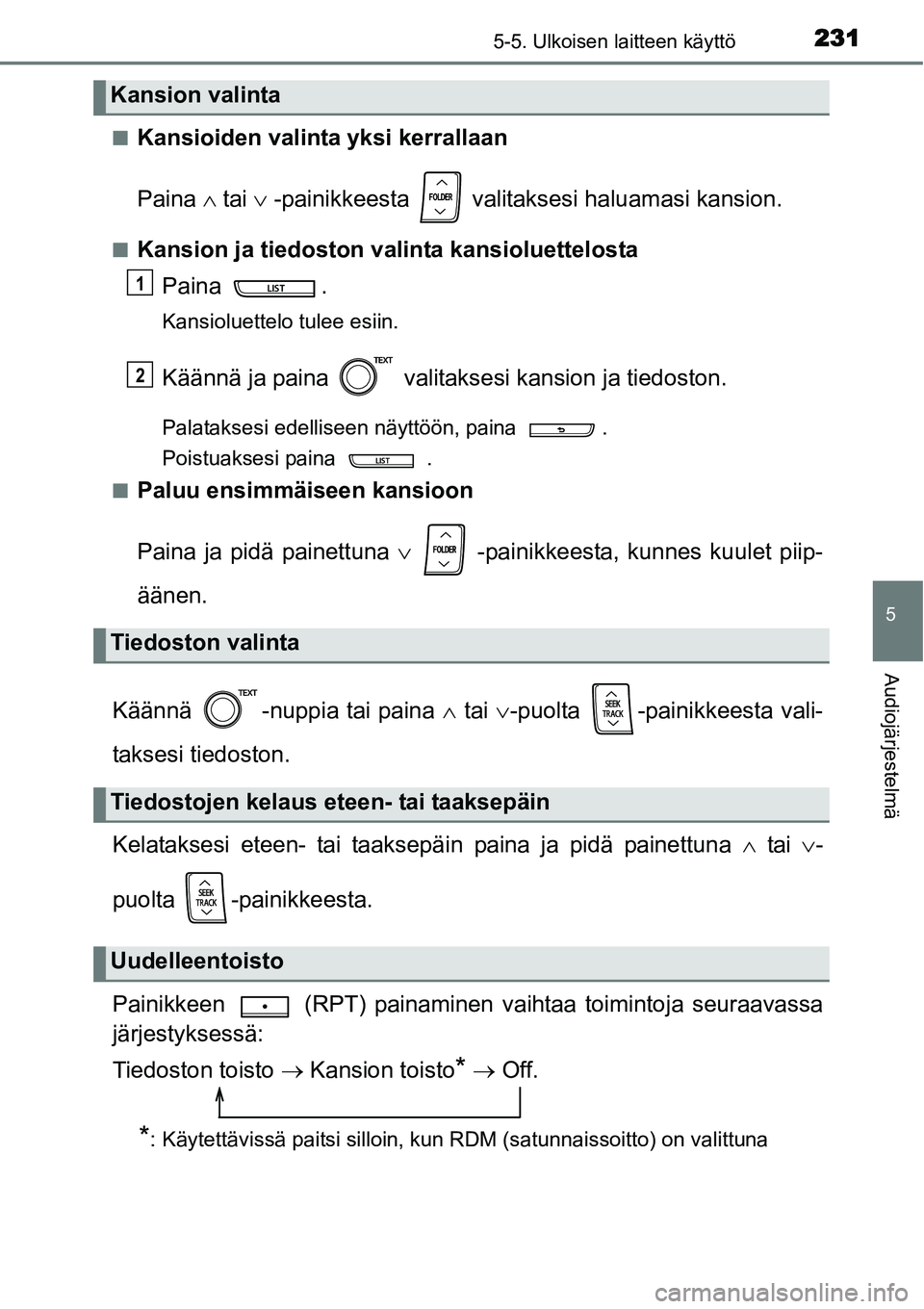 TOYOTA YARIS HYBRID 2014  Omistajan Käsikirja (in Finnish) 2315-5. Ulkoisen laitteen käyttö
5
Audiojärjestelmä
■Kansioiden valinta yksi kerrallaan
Paina ∧ tai ∨ -painikkeesta   valitaksesi haluamasi kansion.
■Kansion ja tiedoston valinta kansiolue