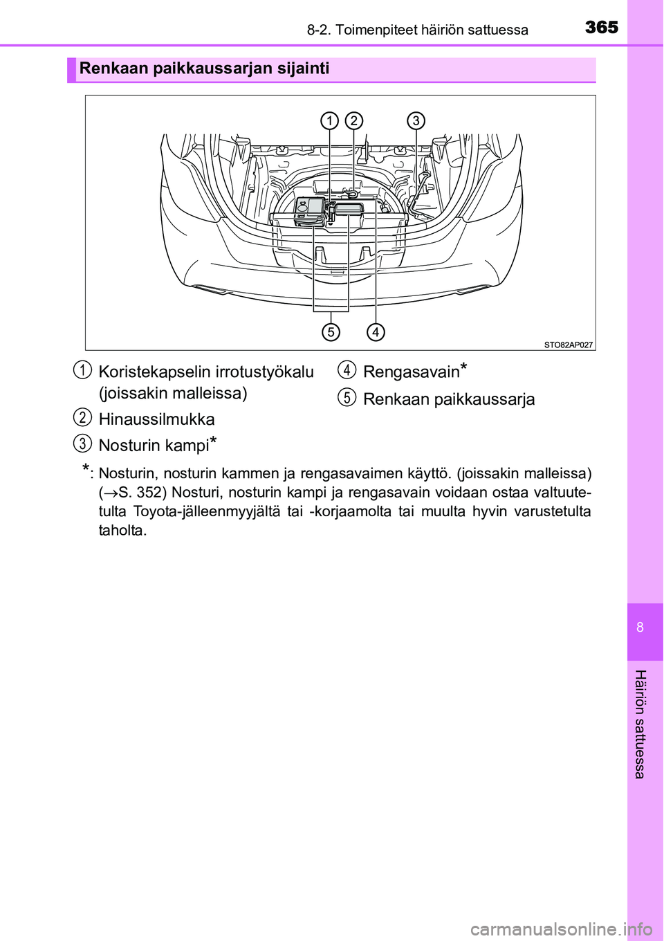 TOYOTA YARIS HYBRID 2014  Omistajan Käsikirja (in Finnish) 3658-2. Toimenpiteet häiriön sattuessa
8
Häiriön sattuessa
*: Nosturin, nosturin kammen ja rengasavaimen käyttö. (joissakin malleissa)
(→S. 352) Nosturi, nosturin kampi ja rengasavain voidaan 