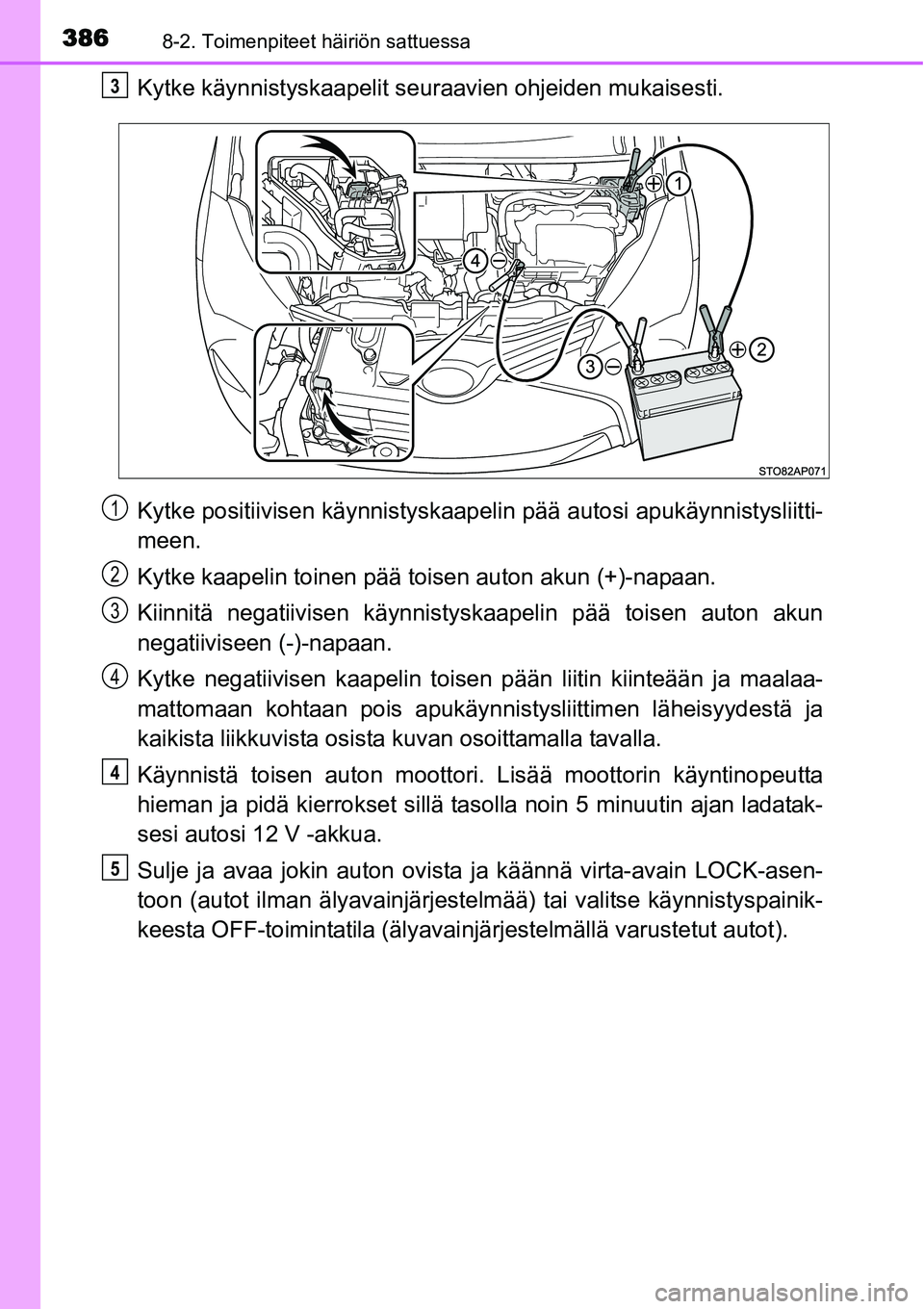 TOYOTA YARIS HYBRID 2014 Omistajan Käsikirja (in Finnish) 3868-2. Toimenpiteet häiriön sattuessa
Kytke käynnistyskaapelit seuraavien ohjeiden mukaisesti.
Kytke positiivisen käynnistyskaapelin pää autosi apukäynnistysliitti-
meen.
Kytke kaapelin toinen TOYOTA YARIS HYBRID 2014 Omistajan Käsikirja (in Finnish) 3868-2. Toimenpiteet häiriön sattuessa
Kytke käynnistyskaapelit seuraavien ohjeiden mukaisesti.
Kytke positiivisen käynnistyskaapelin pää autosi apukäynnistysliitti-
meen.
Kytke kaapelin toinen