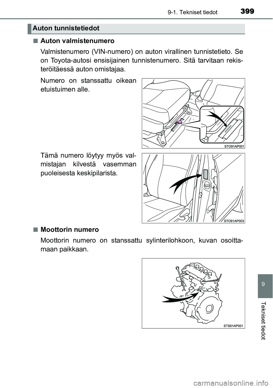 TOYOTA YARIS HYBRID 2014  Omistajan Käsikirja (in Finnish) 3999-1. Tekniset tiedot
9
Tekniset tiedot
■Auton valmistenumero
Valmistenumero (VIN-numero) on auton virallinen tunnistetieto. Se
on Toyota-autosi ensisijainen tunnistenumero. Sitä tarvitaan rekis-