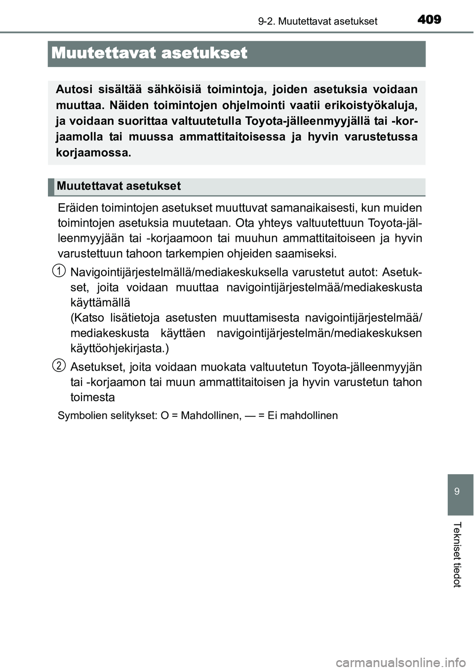 TOYOTA YARIS HYBRID 2014  Omistajan Käsikirja (in Finnish) 4099-2. Muutettavat asetukset
9
Tekniset tiedot
Muutettavat asetukset
Eräiden toimintojen asetukset muuttuvat samanaikaisesti, kun muiden
toimintojen asetuksia muutetaan. Ota yhteys valtuutettuun Toy