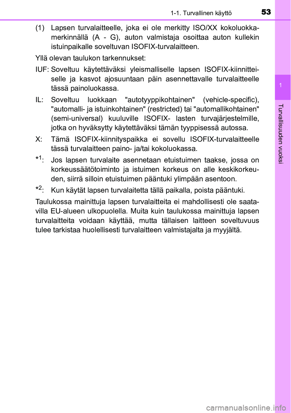 TOYOTA YARIS HYBRID 2014  Omistajan Käsikirja (in Finnish) 531-1. Turvallinen käyttö
1
Turvallisuuden vuoksi
(1) Lapsen turvalaitteelle, joka ei ole merkitty ISO/XX kokoluokka-
merkinnällä (A - G), auton valmistaja osoittaa auton kullekin
istuinpaikalle s