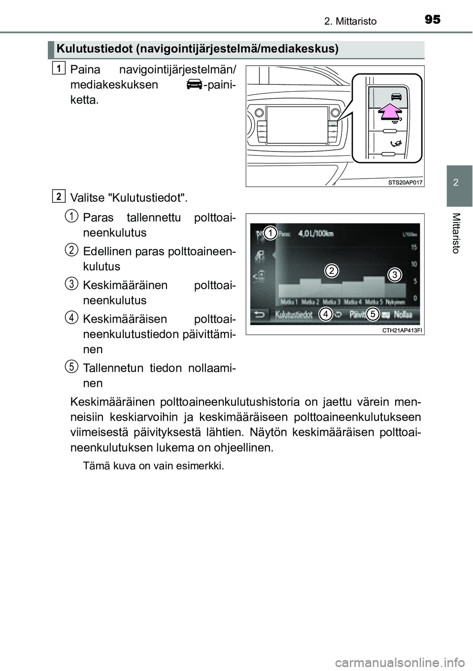 TOYOTA YARIS HYBRID 2014  Omistajan Käsikirja (in Finnish) 952. Mittaristo
2
Mittaristo
Paina navigointijärjestelmän/
mediakeskuksen -paini-
ketta.
Valitse "Kulutustiedot".
Paras tallennettu polttoai-
neenkulutus
Edellinen paras polttoaineen-
kulutus
Keskim