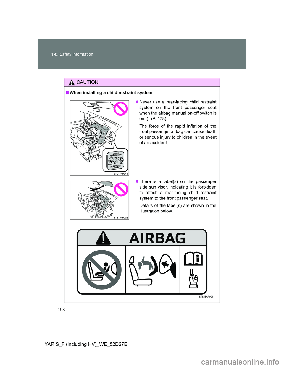 TOYOTA YARIS HYBRID 2013  Owners Manual 198 1-8. Safety information
YARIS_F (including HV)_WE_52D27E
CAUTION
When installing a child restraint system
Never use a rear-facing child restraint
system on the front passenger seat
when the 