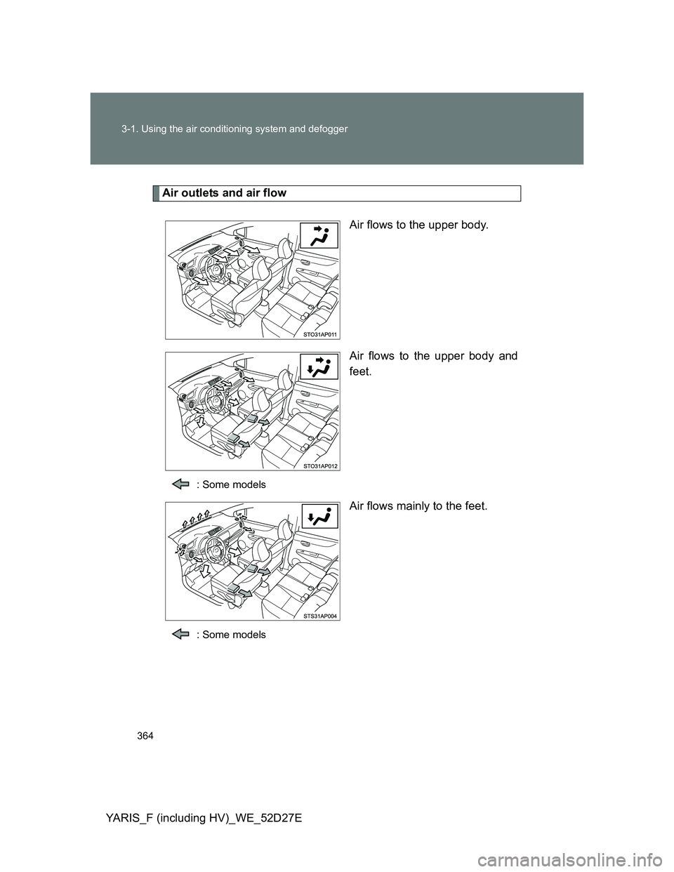 TOYOTA YARIS HYBRID 2013 Owners Manual 364 3-1. Using the air conditioning system and defogger
YARIS_F (including HV)_WE_52D27E
Air outlets and air flow
Air flows to the upper body.
Air flows to the upper body and
feet.
: Some models
Air f TOYOTA YARIS HYBRID 2013 Owners Manual 364 3-1. Using the air conditioning system and defogger
YARIS_F (including HV)_WE_52D27E
Air outlets and air flow
Air flows to the upper body.
Air flows to the upper body and
feet.
: Some models
Air f