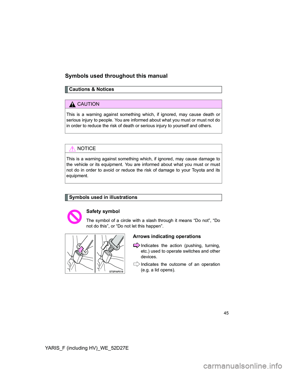 TOYOTA YARIS HYBRID 2013 Service Manual YARIS_F (including HV)_WE_52D27E
45
Symbols used throughout this manual
Cautions & Notices
Symbols used in illustrations
CAUTION
This is a warning against something which, if ignored, may cause death TOYOTA YARIS HYBRID 2013 Service Manual YARIS_F (including HV)_WE_52D27E
45
Symbols used throughout this manual
Cautions & Notices
Symbols used in illustrations
CAUTION
This is a warning against something which, if ignored, may cause death