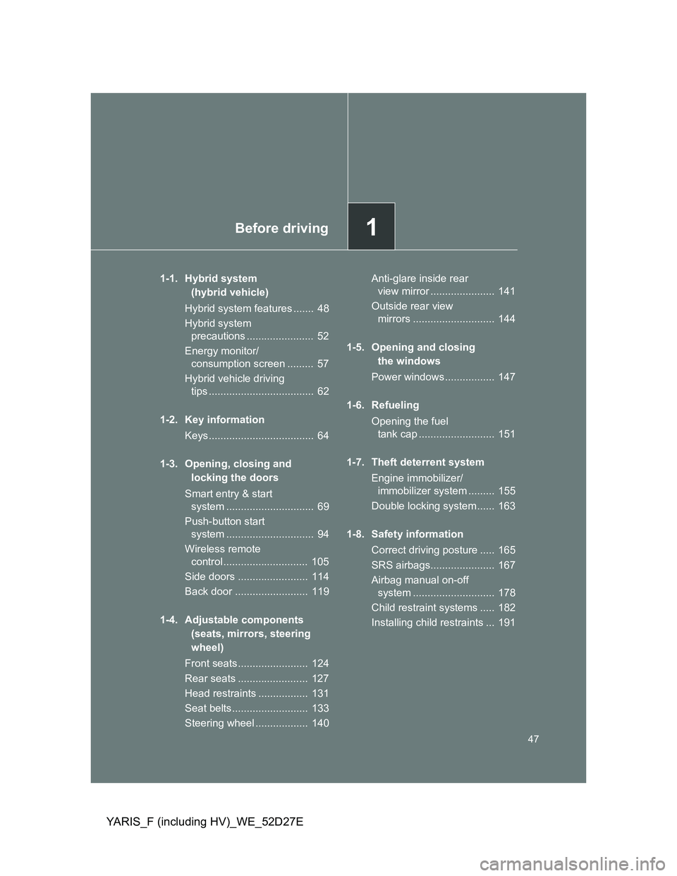 TOYOTA YARIS HYBRID 2013 Service Manual 1Before driving
47
YARIS_F (including HV)_WE_52D27E
1-1. Hybrid system
(hybrid vehicle)
Hybrid system features ....... 48
Hybrid system
precautions ....................... 52
Energy monitor/
consu TOYOTA YARIS HYBRID 2013 Service Manual 1Before driving
47
YARIS_F (including HV)_WE_52D27E
1-1. Hybrid system
(hybrid vehicle)
Hybrid system features ....... 48
Hybrid system
precautions ....................... 52
Energy monitor/
consu