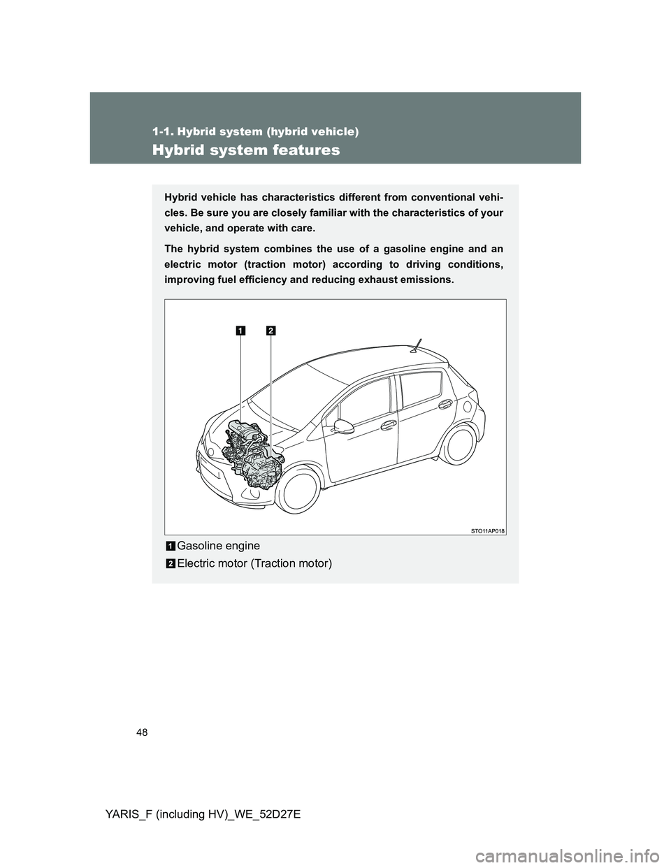 TOYOTA YARIS HYBRID 2013 Service Manual 48
YARIS_F (including HV)_WE_52D27E
1-1. Hybrid system (hybrid vehicle)
Hybrid system features
Hybrid vehicle has characteristics different from conventional vehi-
cles. Be sure you are closely famili TOYOTA YARIS HYBRID 2013 Service Manual 48
YARIS_F (including HV)_WE_52D27E
1-1. Hybrid system (hybrid vehicle)
Hybrid system features
Hybrid vehicle has characteristics different from conventional vehi-
cles. Be sure you are closely famili