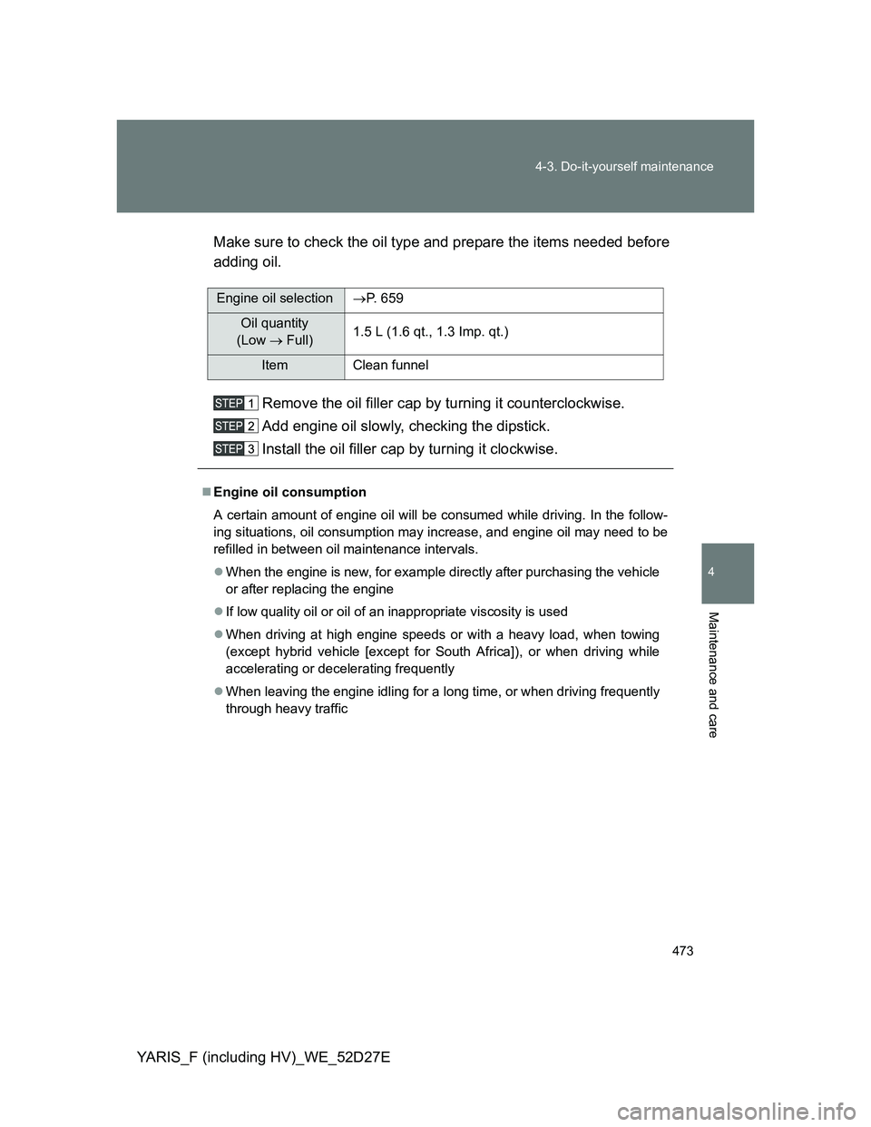 TOYOTA YARIS HYBRID 2013 Owners Manual 473 4-3. Do-it-yourself maintenance
4
Maintenance and care
YARIS_F (including HV)_WE_52D27EMake sure to check the oil type and prepare the items needed before
adding oil.
Remove the oil filler cap by TOYOTA YARIS HYBRID 2013 Owners Manual 473 4-3. Do-it-yourself maintenance
4
Maintenance and care
YARIS_F (including HV)_WE_52D27EMake sure to check the oil type and prepare the items needed before
adding oil.
Remove the oil filler cap by