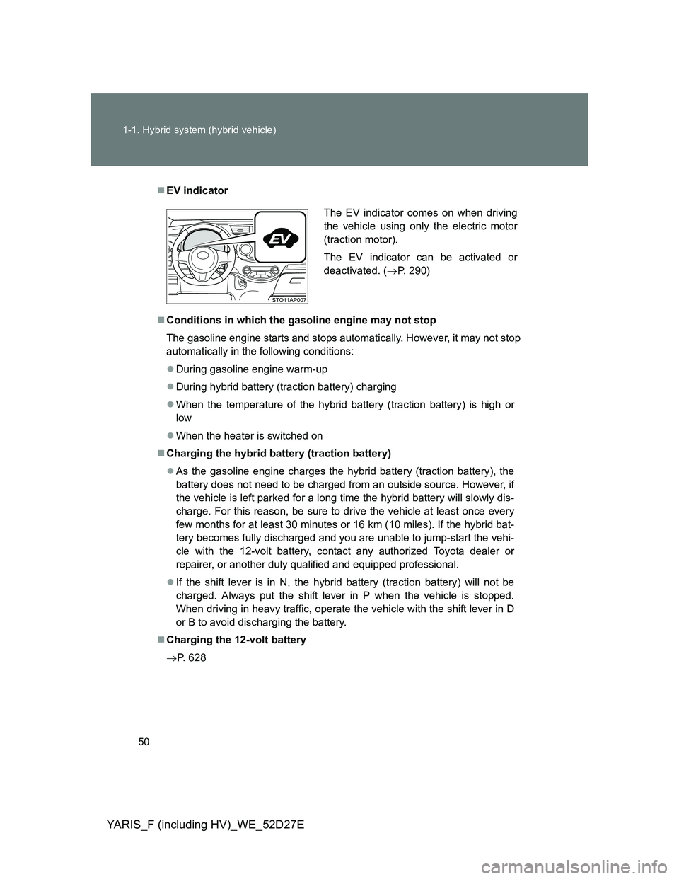 TOYOTA YARIS HYBRID 2013 Service Manual 50 1-1. Hybrid system (hybrid vehicle)
YARIS_F (including HV)_WE_52D27E
EV indicator
Conditions in which the gasoline engine may not stop
The gasoline engine starts and stops automatically. Howe TOYOTA YARIS HYBRID 2013 Service Manual 50 1-1. Hybrid system (hybrid vehicle)
YARIS_F (including HV)_WE_52D27E
EV indicator
Conditions in which the gasoline engine may not stop
The gasoline engine starts and stops automatically. Howe