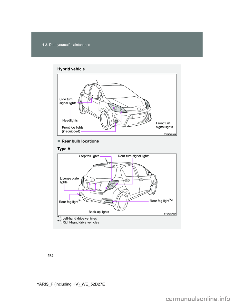 TOYOTA YARIS HYBRID 2013  Owners Manual 532 4-3. Do-it-yourself maintenance
YARIS_F (including HV)_WE_52D27E
Hybrid vehicle
Rear bulb locations
Ty p e  A
*1: Left-hand drive vehicles
*2: Right-hand drive vehicles
Front fog lights
(if equ