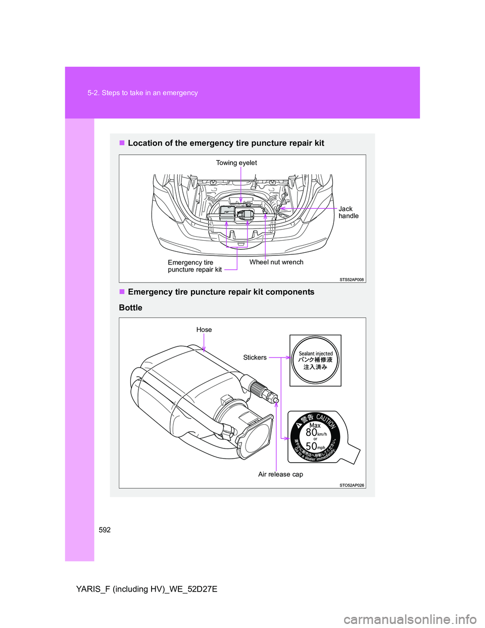 TOYOTA YARIS HYBRID 2013  Owners Manual 592 5-2. Steps to take in an emergency
YARIS_F (including HV)_WE_52D27E
Location of the emergency tire puncture repair kit
Emergency tire puncture repair kit components
Bottle
Emergency tire 
pu