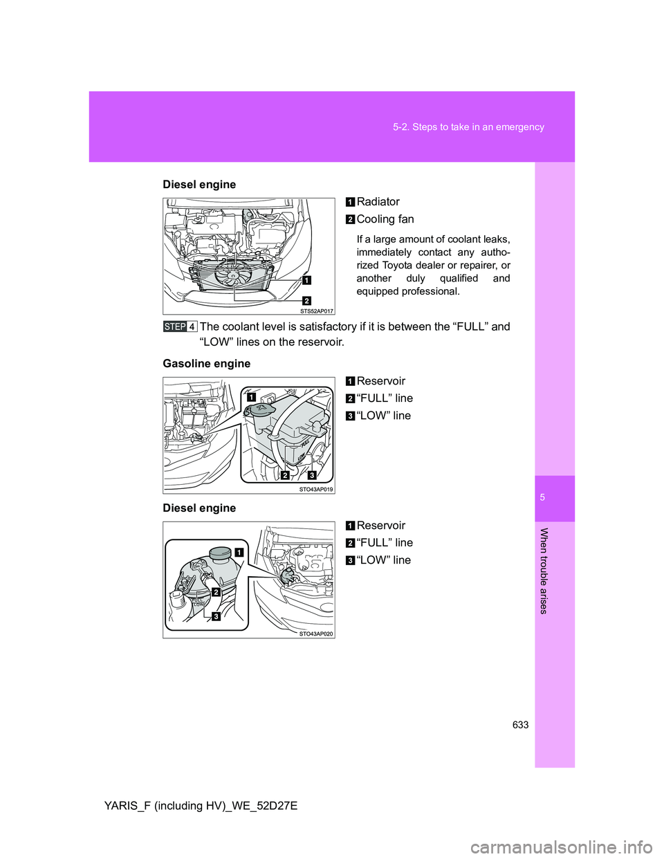 TOYOTA YARIS HYBRID 2013 Owners Manual 5
633 5-2. Steps to take in an emergency
When trouble arises
YARIS_F (including HV)_WE_52D27EDiesel engine
Radiator
Cooling fan
If a large amount of coolant leaks,
immediately contact any autho-
rized TOYOTA YARIS HYBRID 2013 Owners Manual 5
633 5-2. Steps to take in an emergency
When trouble arises
YARIS_F (including HV)_WE_52D27EDiesel engine
Radiator
Cooling fan
If a large amount of coolant leaks,
immediately contact any autho-
rized