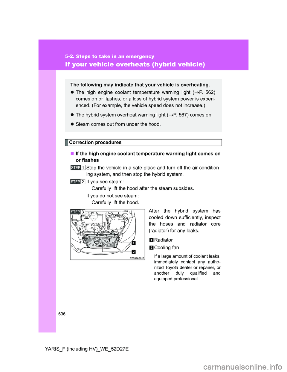 TOYOTA YARIS HYBRID 2013 Owners Manual 636
5-2. Steps to take in an emergency
YARIS_F (including HV)_WE_52D27E
If your vehicle overheats (hybrid vehicle)
Correction procedures
If the high engine coolant temperature warning light comes o TOYOTA YARIS HYBRID 2013 Owners Manual 636
5-2. Steps to take in an emergency
YARIS_F (including HV)_WE_52D27E
If your vehicle overheats (hybrid vehicle)
Correction procedures
If the high engine coolant temperature warning light comes o