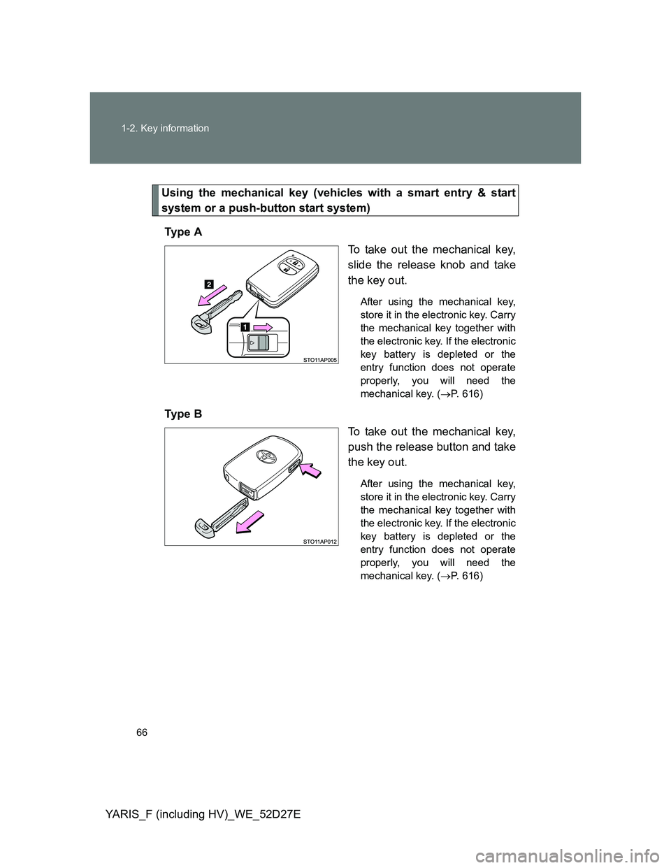TOYOTA YARIS HYBRID 2013 Repair Manual 66 1-2. Key information
YARIS_F (including HV)_WE_52D27E
Using the mechanical key (vehicles with a smart entry & start
system or a push-button start system)
Ty p e A
To take out the mechanical key,
s TOYOTA YARIS HYBRID 2013 Repair Manual 66 1-2. Key information
YARIS_F (including HV)_WE_52D27E
Using the mechanical key (vehicles with a smart entry & start
system or a push-button start system)
Ty p e A
To take out the mechanical key,
s