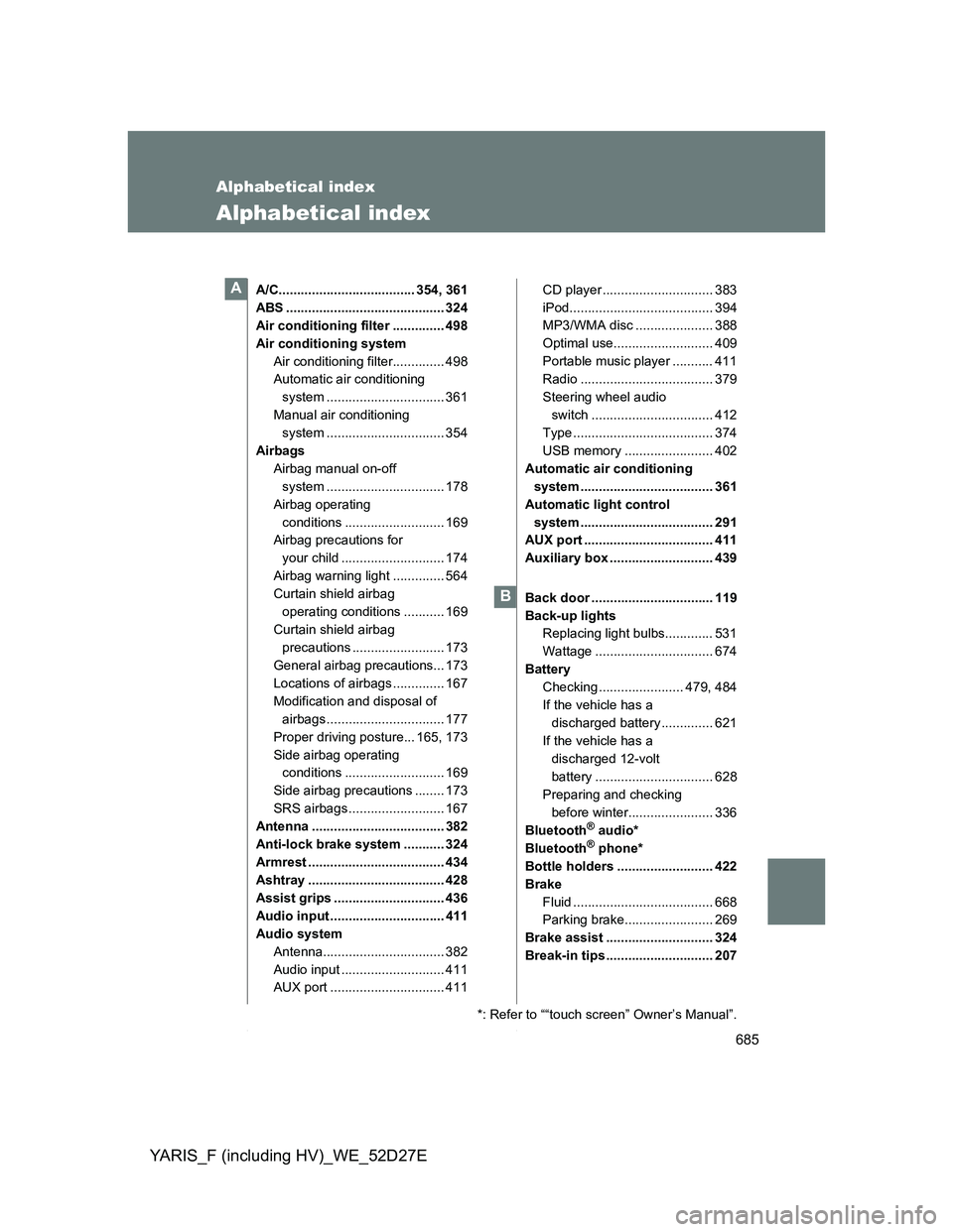 TOYOTA YARIS HYBRID 2013 Owners Manual 685
YARIS_F (including HV)_WE_52D27E
Alphabetical index
Alphabetical index
A/C..................................... 354, 361
ABS ........................................... 324
Air conditioning filter TOYOTA YARIS HYBRID 2013 Owners Manual 685
YARIS_F (including HV)_WE_52D27E
Alphabetical index
Alphabetical index
A/C..................................... 354, 361
ABS ........................................... 324
Air conditioning filter