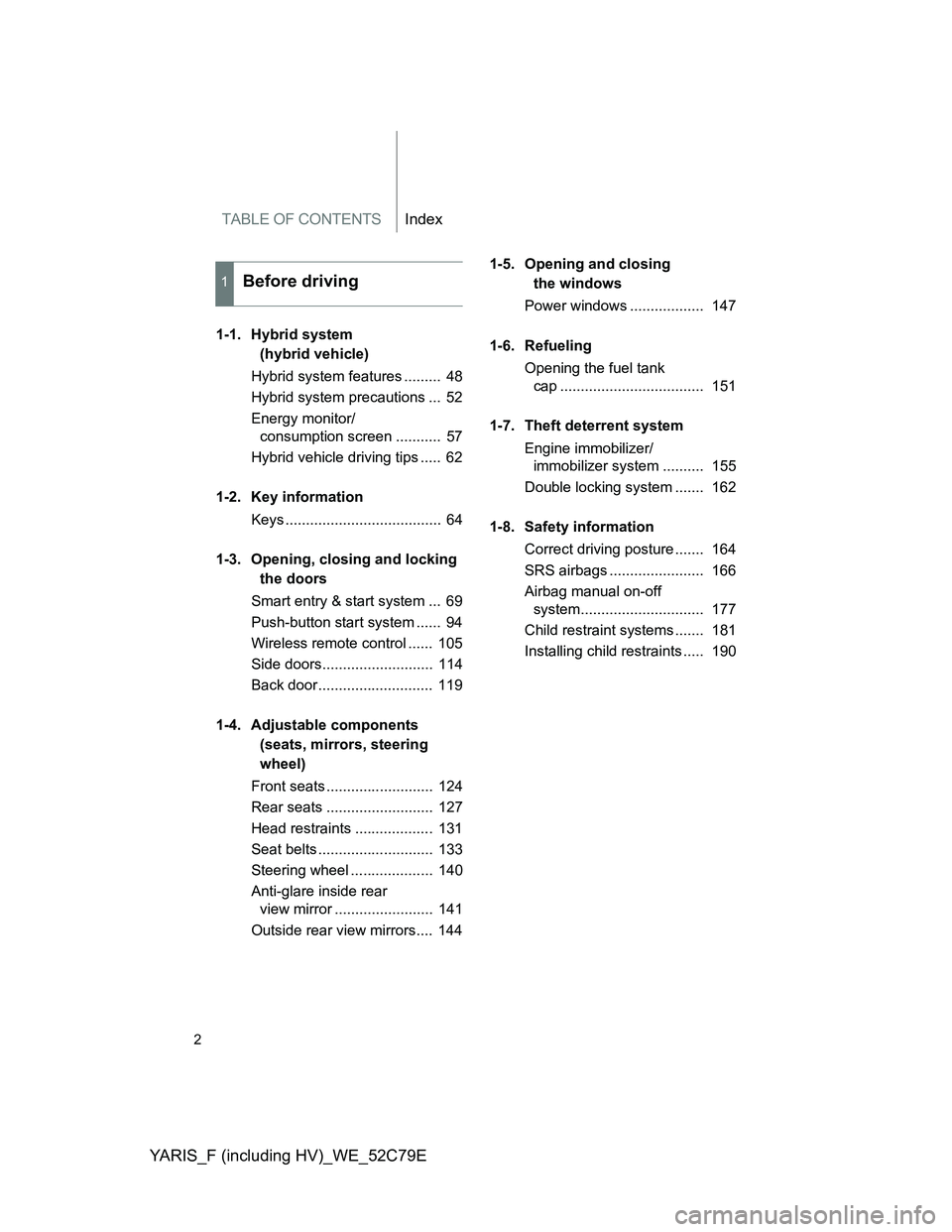 TOYOTA YARIS HYBRID 2012 Owners Manual TABLE OF CONTENTSIndex
YARIS_F (including HV)_WE_52C79E
2
1-1. Hybrid system
(hybrid vehicle)
Hybrid system features ......... 48
Hybrid system precautions ... 52
Energy monitor/
consumption screen TOYOTA YARIS HYBRID 2012 Owners Manual TABLE OF CONTENTSIndex
YARIS_F (including HV)_WE_52C79E
2
1-1. Hybrid system
(hybrid vehicle)
Hybrid system features ......... 48
Hybrid system precautions ... 52
Energy monitor/
consumption screen