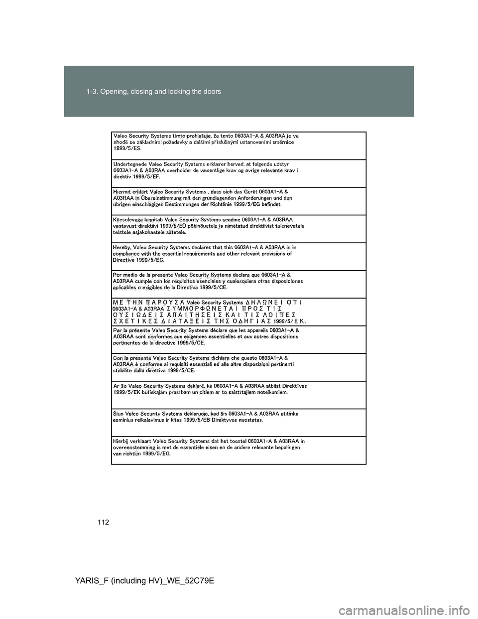 TOYOTA YARIS HYBRID 2012  Owners Manual 112 1-3. Opening, closing and locking the doors
YARIS_F (including HV)_WE_52C79E 