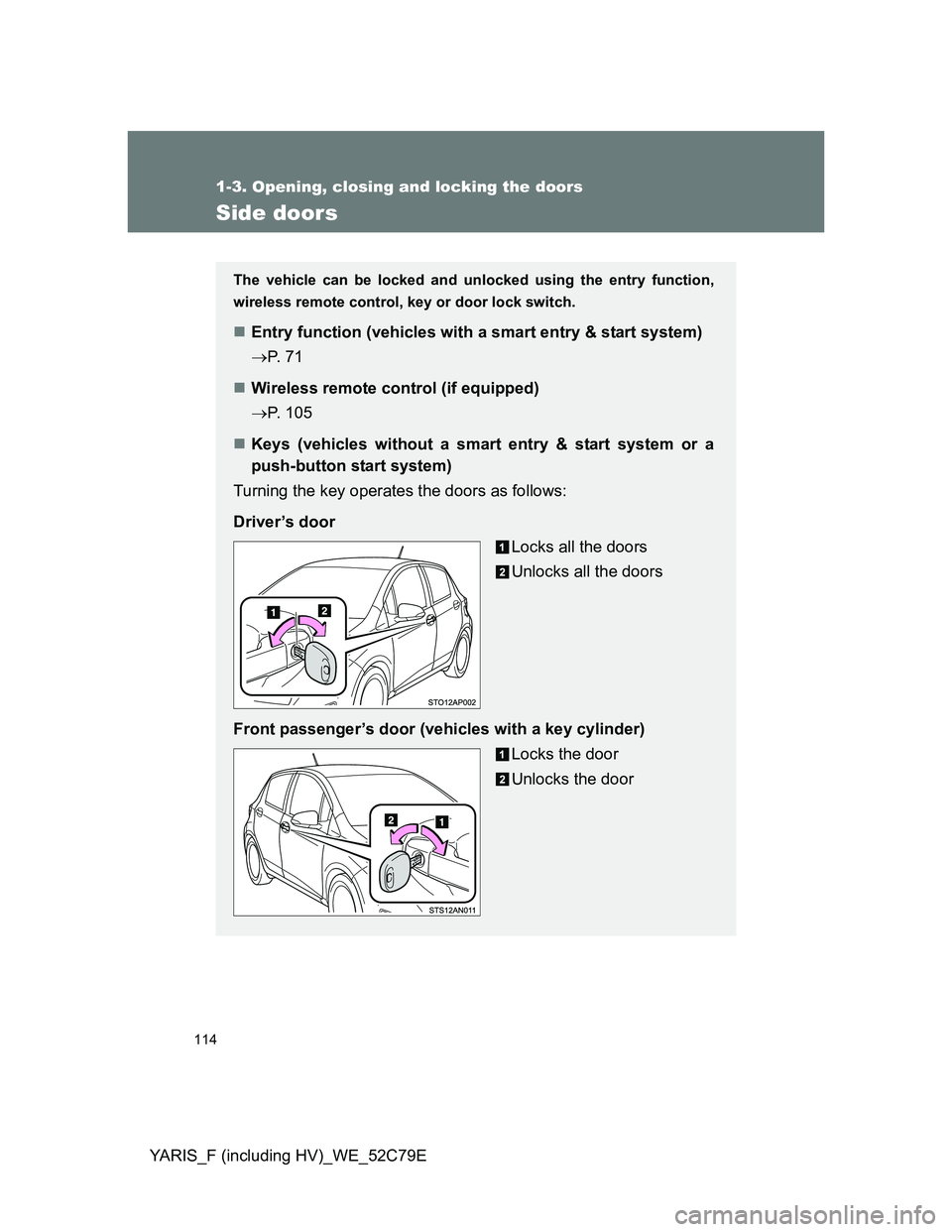 TOYOTA YARIS HYBRID 2012  Owners Manual 114
1-3. Opening, closing and locking the doors
YARIS_F (including HV)_WE_52C79E
Side doors
The vehicle can be locked and unlocked using the entry function,
wireless remote control, key or door lock s