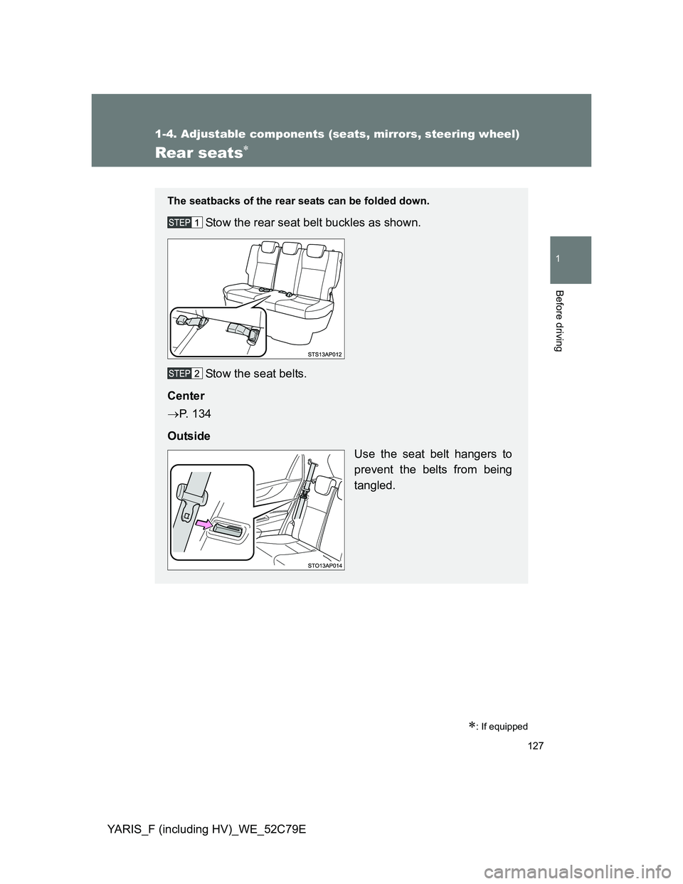 TOYOTA YARIS HYBRID 2012 Owners Manual 127
1
1-4. Adjustable components (seats, mirrors, steering wheel)
Before driving
YARIS_F (including HV)_WE_52C79E
Rear seats
: If equipped
The seatbacks of the rear seats can be folded down.
Sto TOYOTA YARIS HYBRID 2012 Owners Manual 127
1
1-4. Adjustable components (seats, mirrors, steering wheel)
Before driving
YARIS_F (including HV)_WE_52C79E
Rear seats
: If equipped
The seatbacks of the rear seats can be folded down.
Sto