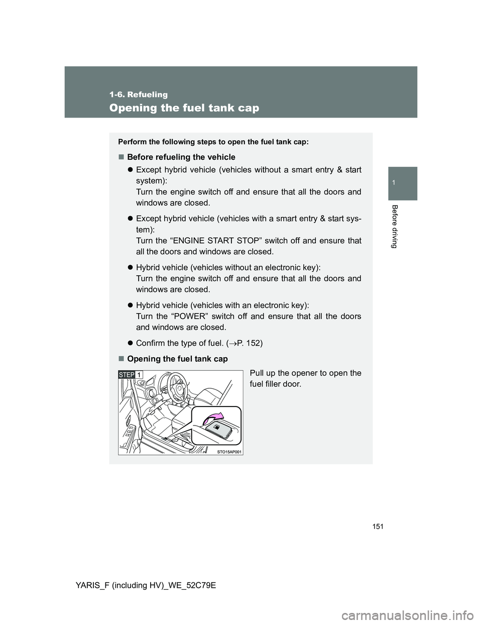 TOYOTA YARIS HYBRID 2012  Owners Manual 151
1
Before driving
YARIS_F (including HV)_WE_52C79E
1-6. Refueling
Opening the fuel tank cap
Perform the following steps to open the fuel tank cap:
Before refueling the vehicle
Except hybrid v