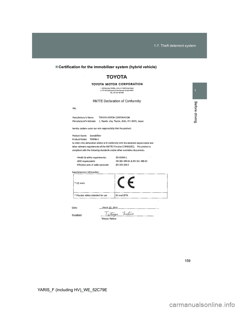 TOYOTA YARIS HYBRID 2012  Owners Manual 159 1-7. Theft deterrent system
1
Before driving
YARIS_F (including HV)_WE_52C79E
Certification for the immobilizer system (hybrid vehicle) 