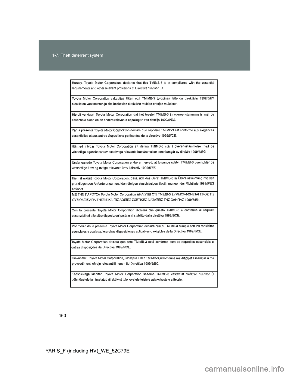 TOYOTA YARIS HYBRID 2012  Owners Manual 160 1-7. Theft deterrent system
YARIS_F (including HV)_WE_52C79E 