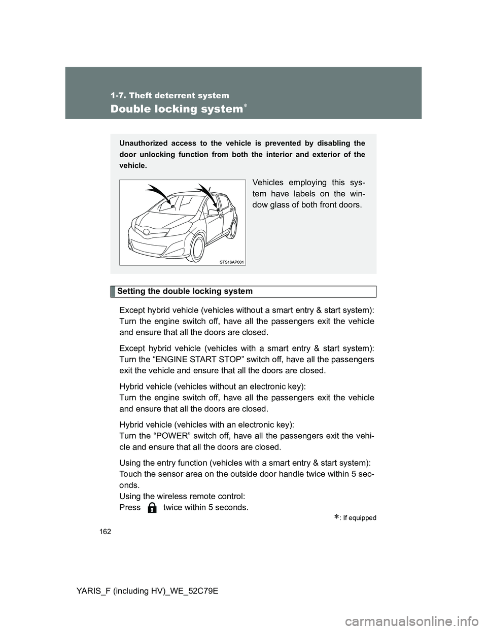 TOYOTA YARIS HYBRID 2012 Owners Manual 162
1-7. Theft deterrent system
YARIS_F (including HV)_WE_52C79E
Double locking system
Setting the double locking system
Except hybrid vehicle (vehicles without a smart entry & start system):
Turn TOYOTA YARIS HYBRID 2012 Owners Manual 162
1-7. Theft deterrent system
YARIS_F (including HV)_WE_52C79E
Double locking system
Setting the double locking system
Except hybrid vehicle (vehicles without a smart entry & start system):
Turn