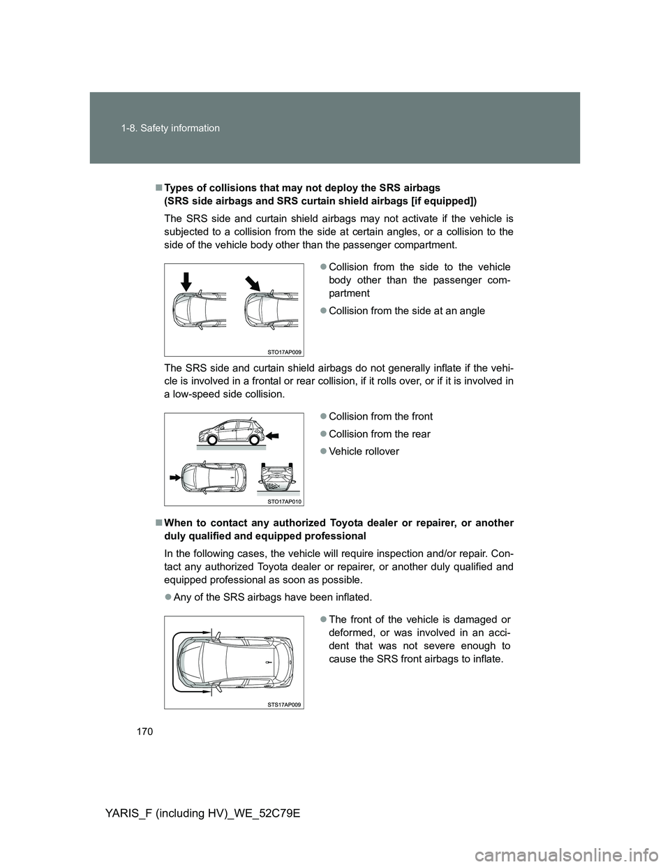 TOYOTA YARIS HYBRID 2012  Owners Manual 170 1-8. Safety information
YARIS_F (including HV)_WE_52C79E
Types of collisions that may not deploy the SRS airbags 
(SRS side airbags and SRS curtain shield airbags [if equipped])
The SRS side an