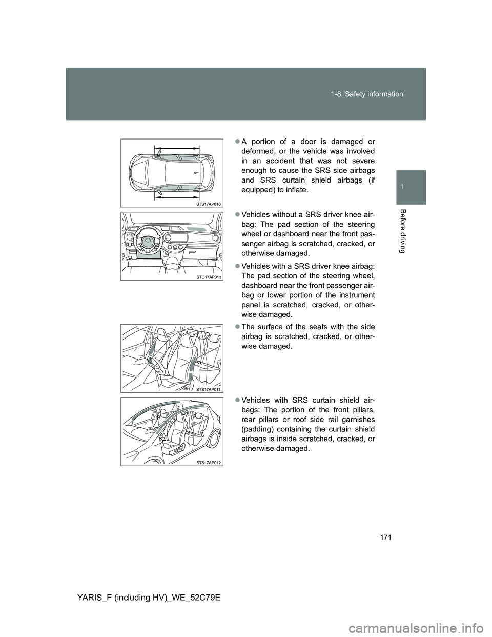 TOYOTA YARIS HYBRID 2012  Owners Manual 171 1-8. Safety information
1
Before driving
YARIS_F (including HV)_WE_52C79E
A portion of a door is damaged or
deformed, or the vehicle was involved
in an accident that was not severe
enough to ca