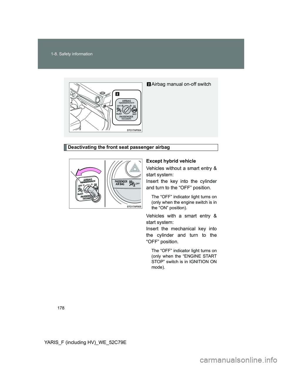 TOYOTA YARIS HYBRID 2012  Owners Manual 178 1-8. Safety information
YARIS_F (including HV)_WE_52C79E
Deactivating the front seat passenger airbag
Except hybrid vehicle
Vehicles without a smart entry &
start system: 
Insert the key into the 