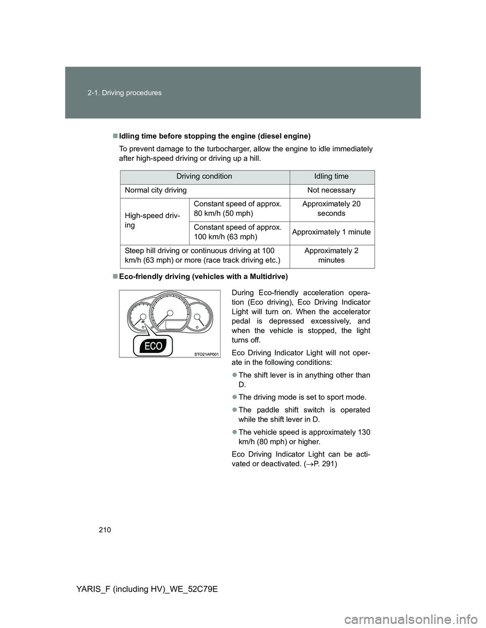 TOYOTA YARIS HYBRID 2012  Owners Manual 210 2-1. Driving procedures
YARIS_F (including HV)_WE_52C79E
Idling time before stopping the engine (diesel engine)
To prevent damage to the turbocharger, allow the engine to idle immediately
after