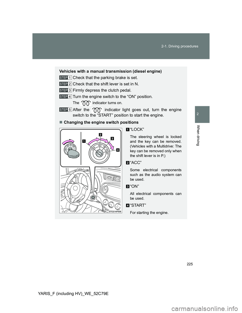 TOYOTA YARIS HYBRID 2012 Owners Manual 225 2-1. Driving procedures
2
When driving
YARIS_F (including HV)_WE_52C79E
Vehicles with a manual transmission (diesel engine)
Check that the parking brake is set.
Check that the shift lever is set i TOYOTA YARIS HYBRID 2012 Owners Manual 225 2-1. Driving procedures
2
When driving
YARIS_F (including HV)_WE_52C79E
Vehicles with a manual transmission (diesel engine)
Check that the parking brake is set.
Check that the shift lever is set i